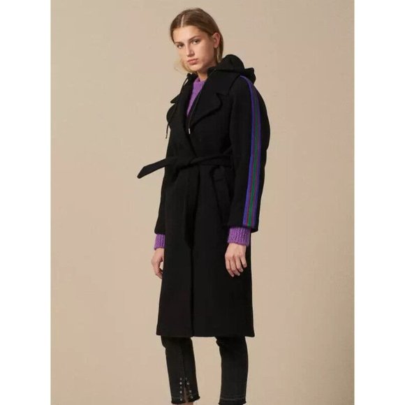Sandro Striped-Trim Wool-Blend Wrap Coat 1030$ SIZE 38 - Picture 1 of 5